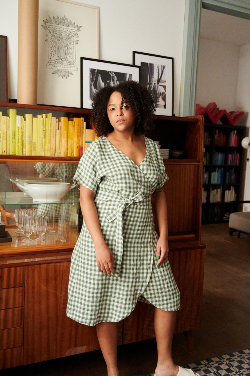 Green gingham linen wrap dress