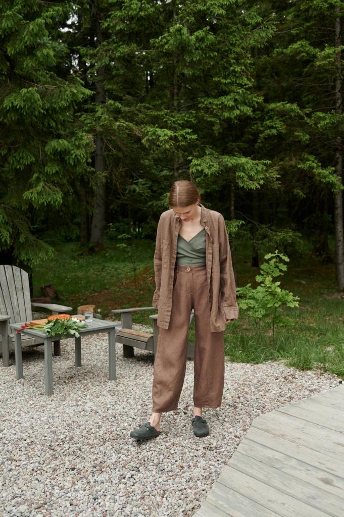 Linenfox model in brown oversized button down and matching pants