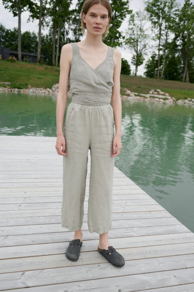 Linenfox model in natural grey wide leg waffle linen pants