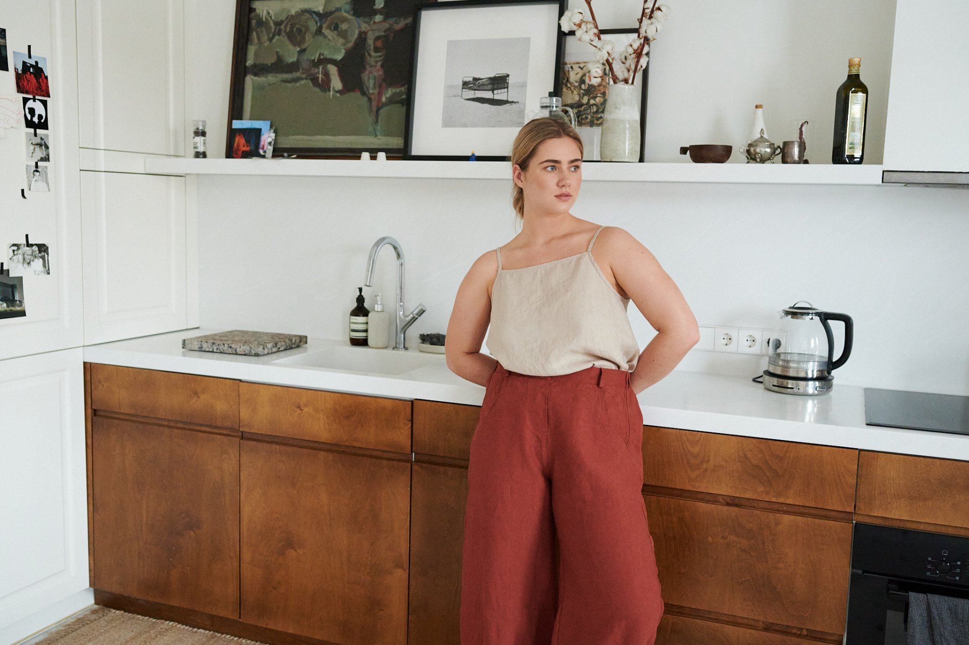 high waist linen pants for women in terracotta color