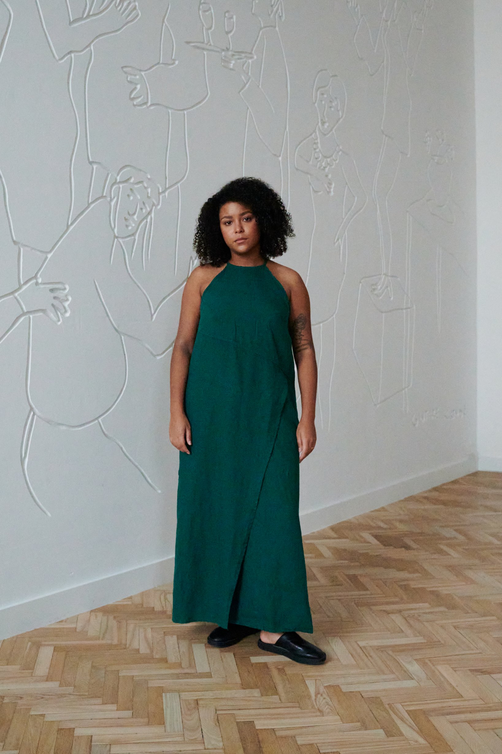 Long green linen dress