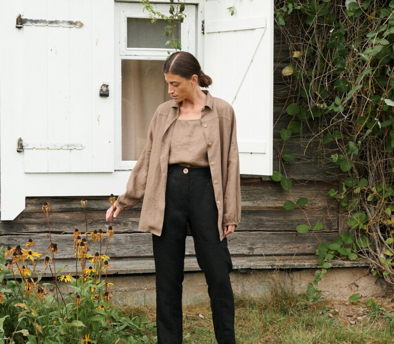 Cacao top and black linen pants set