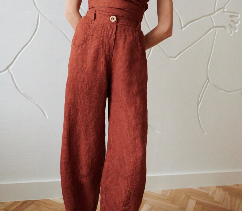 barrel wide leg pants in terracotta waffle linen