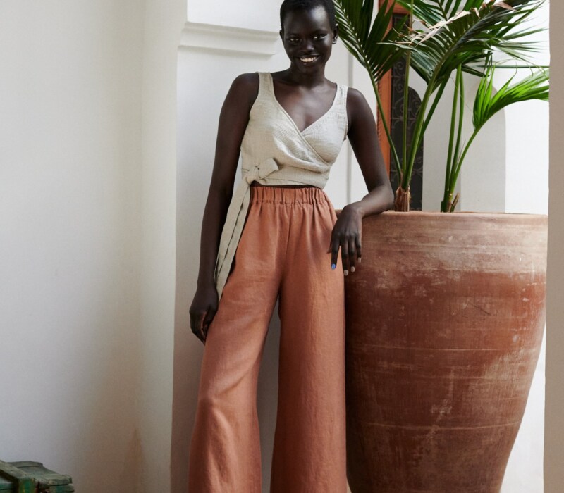 model is wearing wide leg linen pants