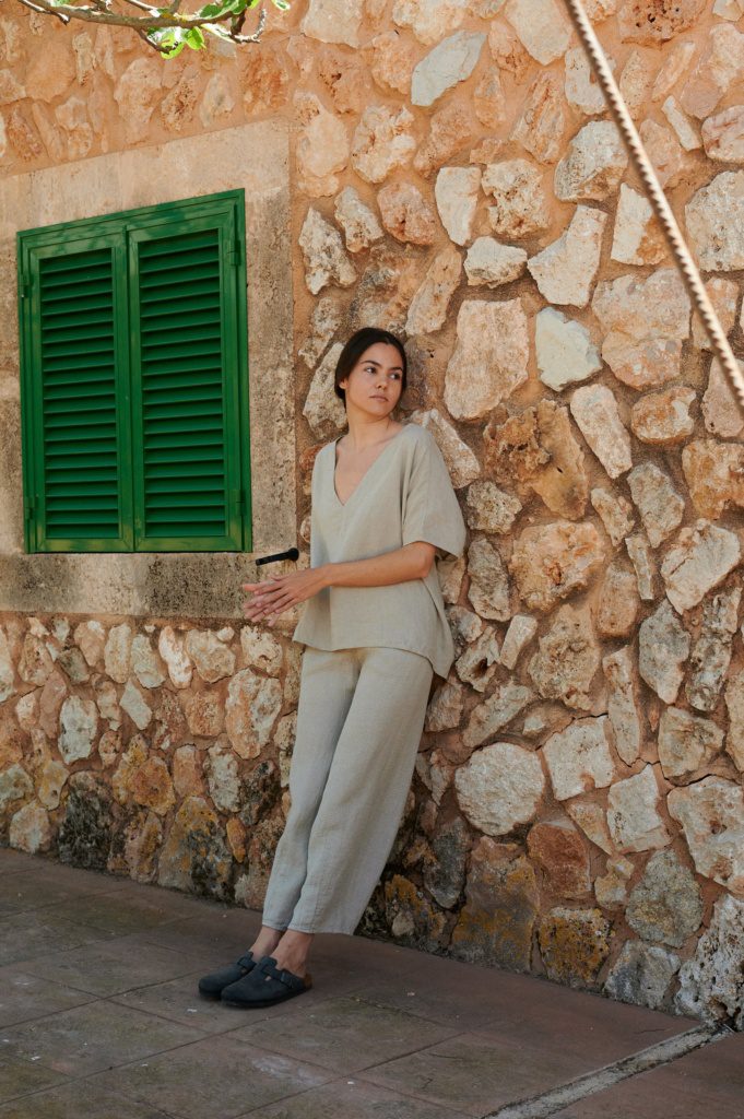 Frankie linen trousers in natural grey, styled with a crisp grey shirt
