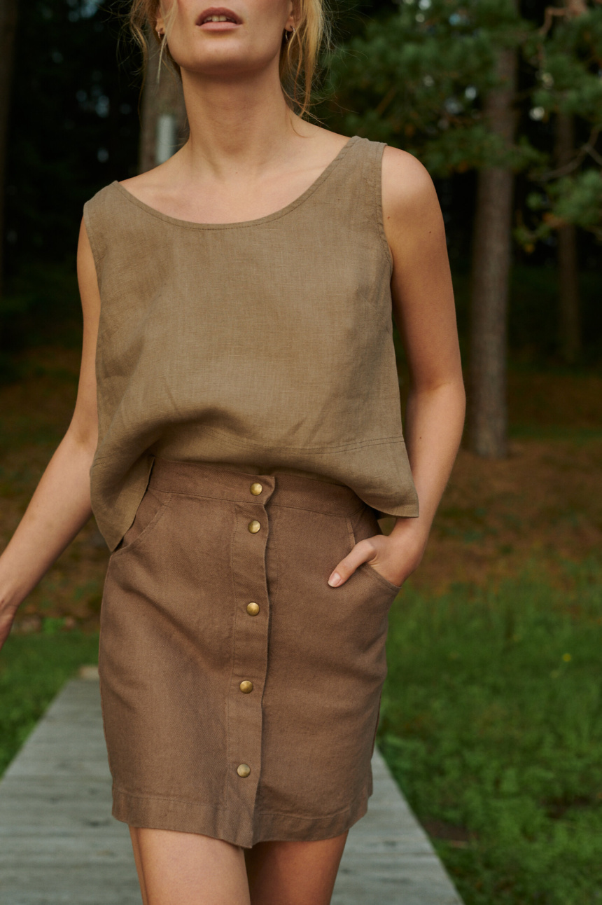 mini button up skirt from heavy brown linen fabric