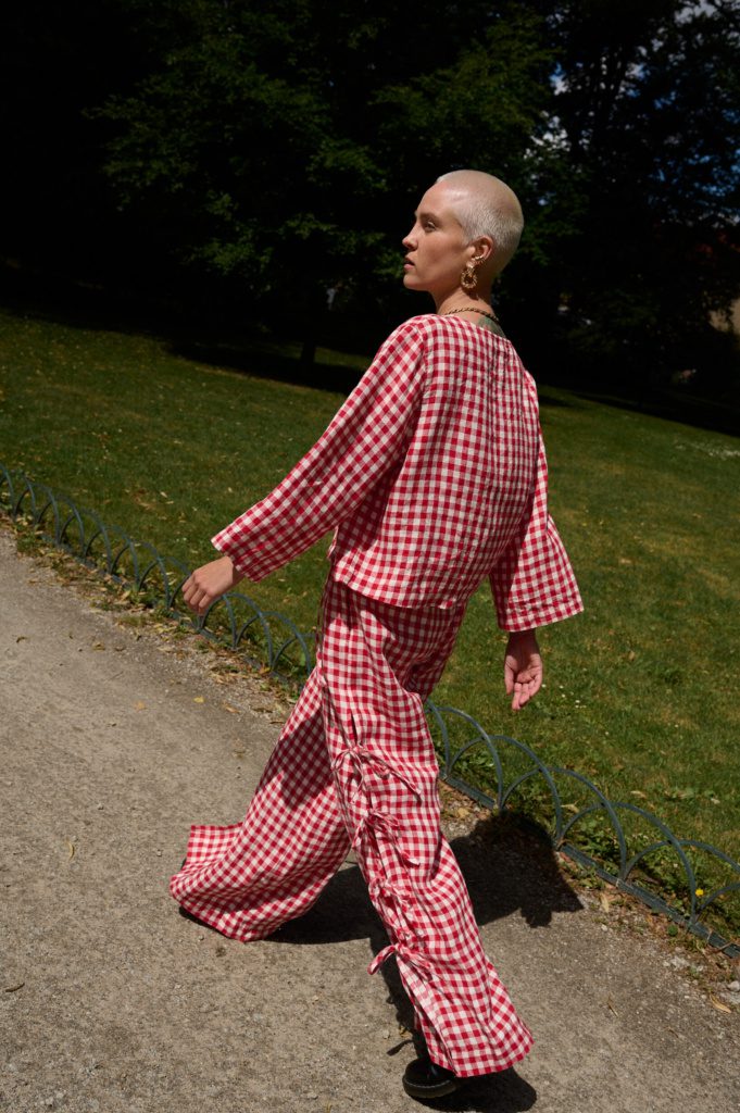 matching linen gingham outfit - red gingham top and pants
