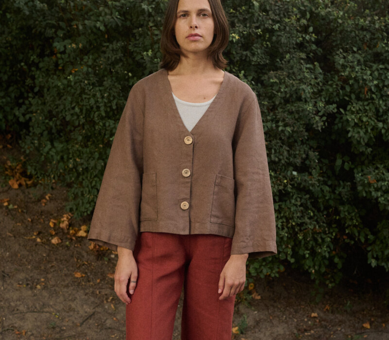 model is wearing cropped linen jacket from linenfox
