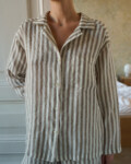 close-up of striped cacao long-sleeve linen shirt