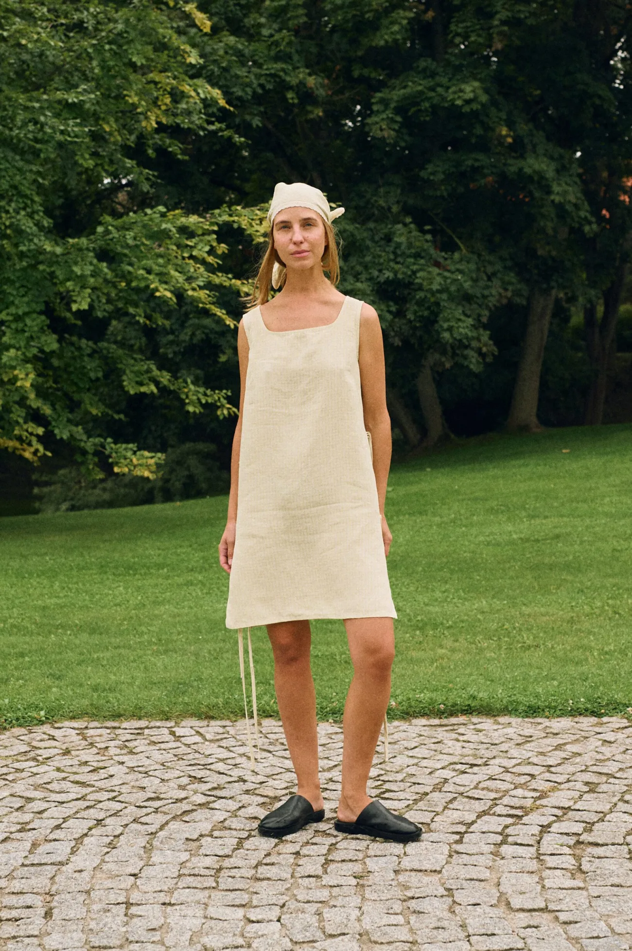 Apple checks linen mini dress with square neckline and adjustable ties styled with matching bandana