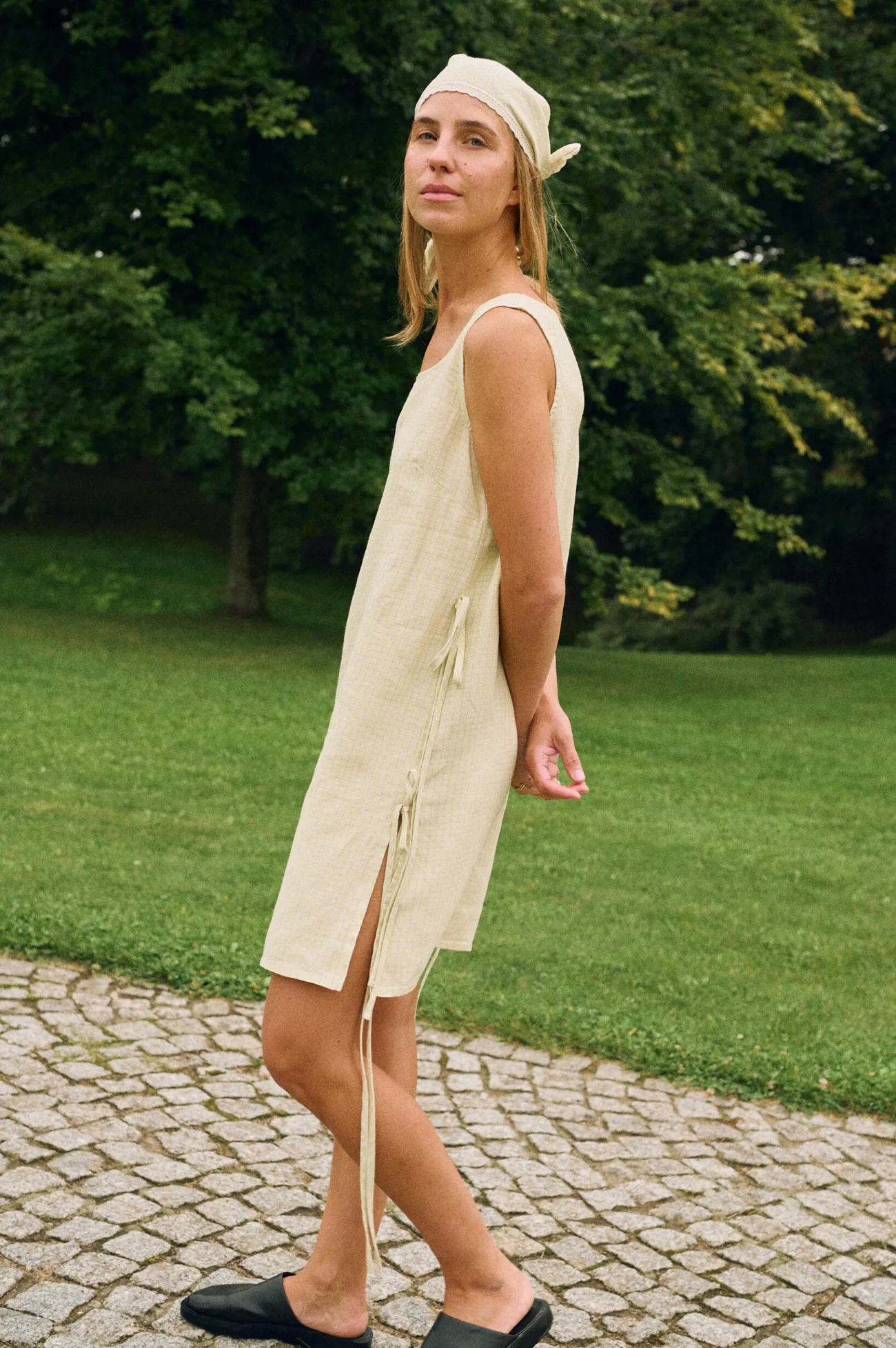 Apple checks sleeveless linen mini dress with square neckline and side tie detail