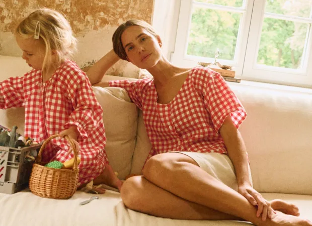 Woman and child in red gingham linen outfits