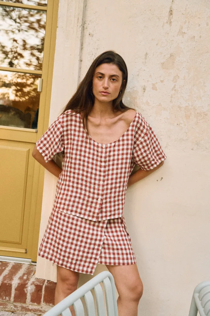 Terracotta gingham linen blouse with button front and matching wrap skirt