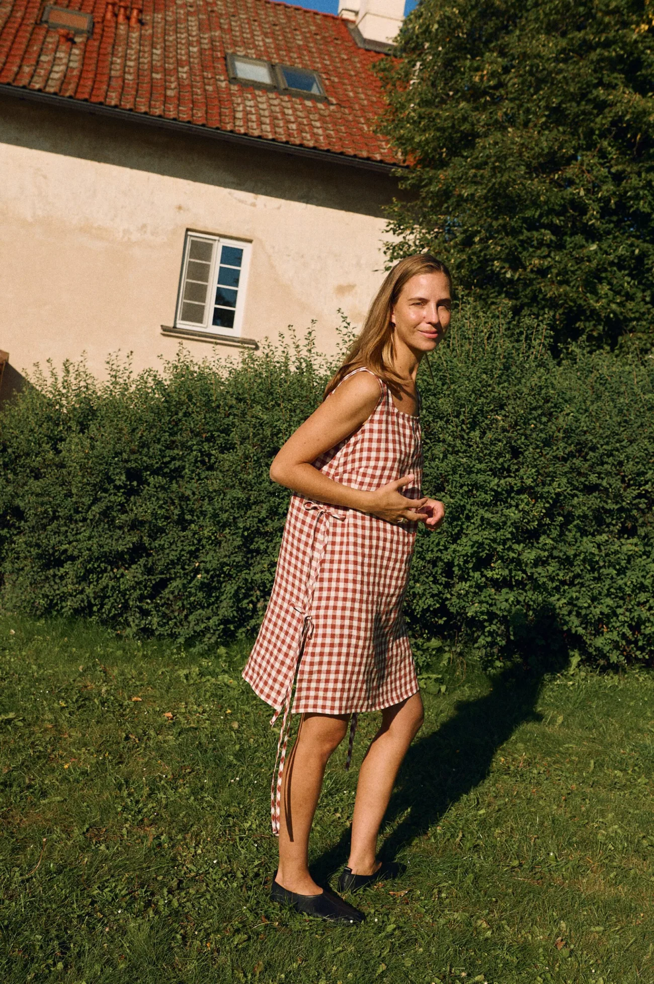 Terracotta gingham linen dress with side tie details, sleeveless summer dress in natural linen