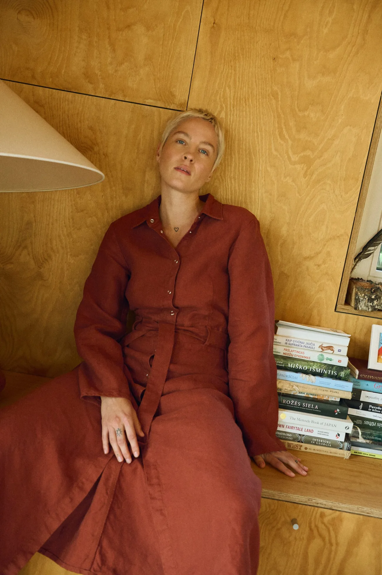 Terracotta heavy linen dress with collar and snap button front view