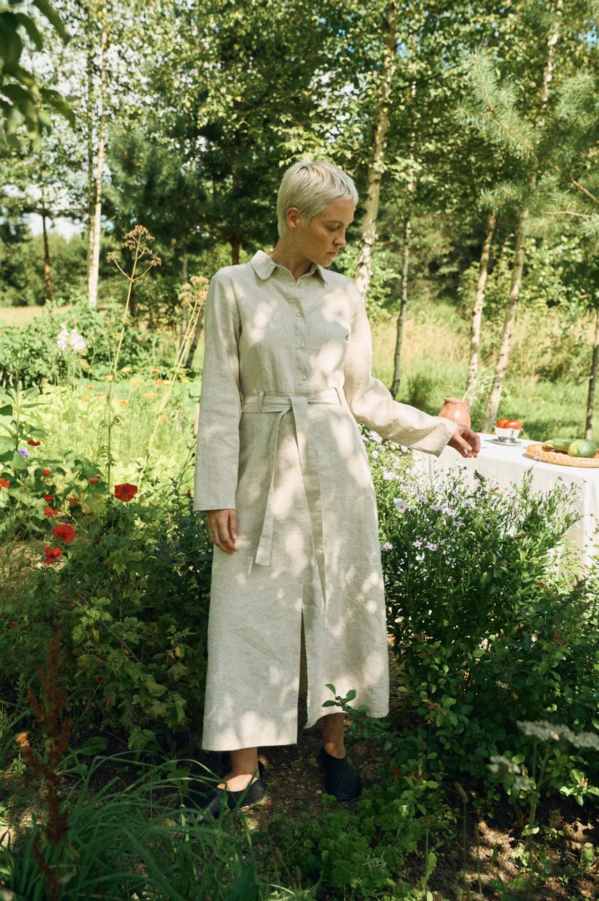 belted shirt dress in natural linen cotton blend with matching fabric belt