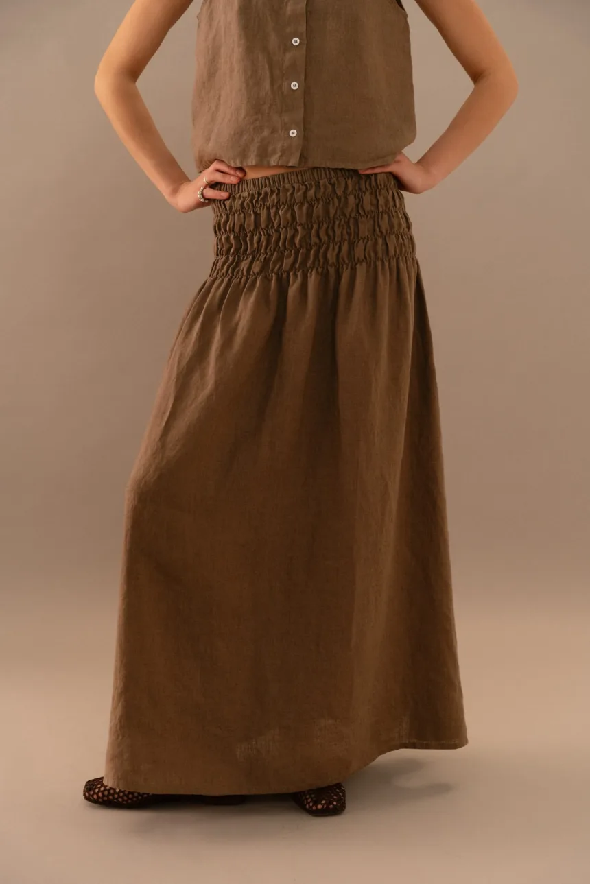Cacao linen maxi skirt with wide smocked elastic waistband and relaxed flowing silhouette