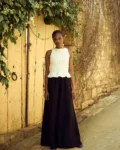 the full length wide black linen culottes and white linen smocked top