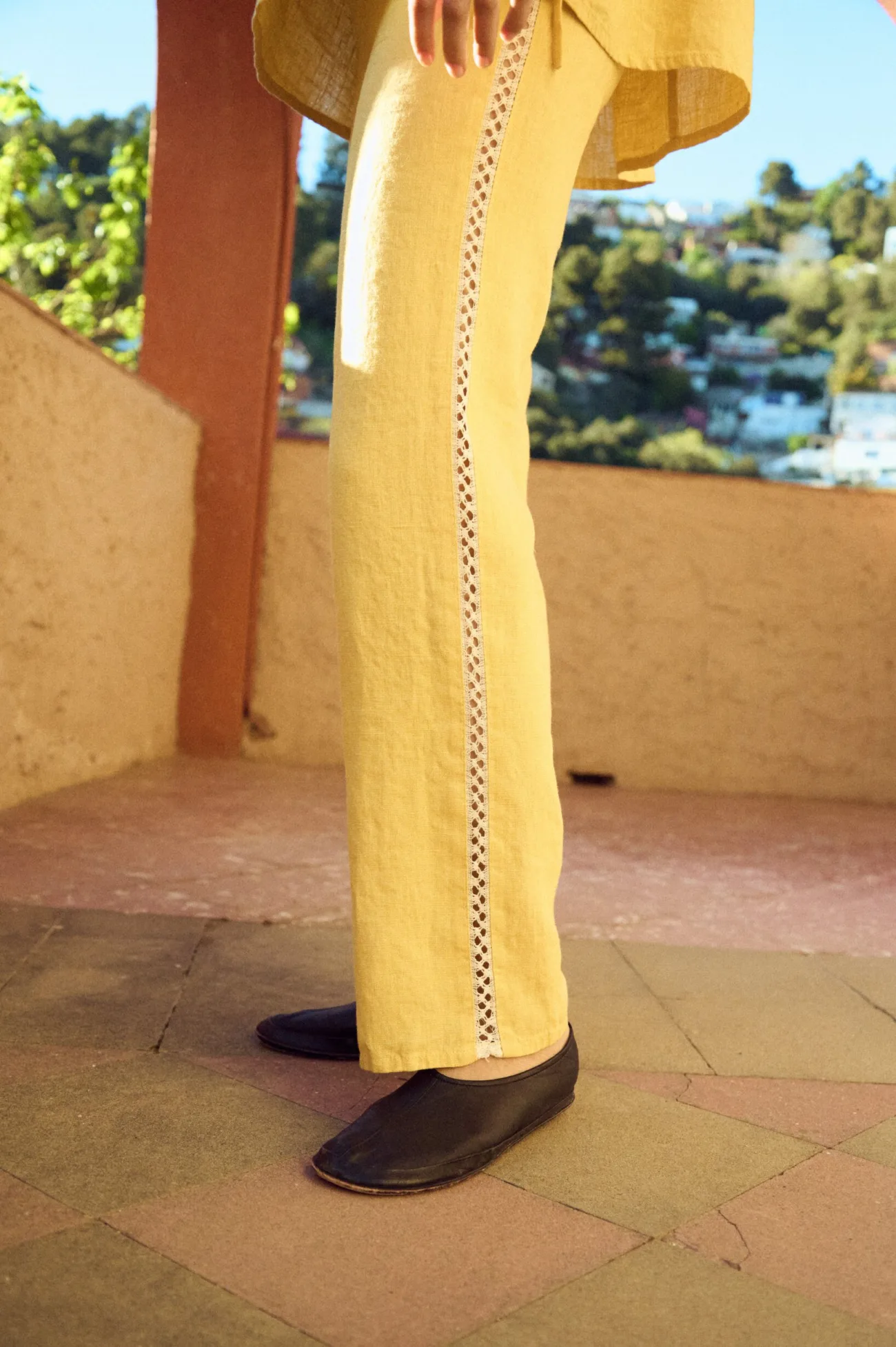 lace details of drawstring linen drawstring pants in butter yellow
