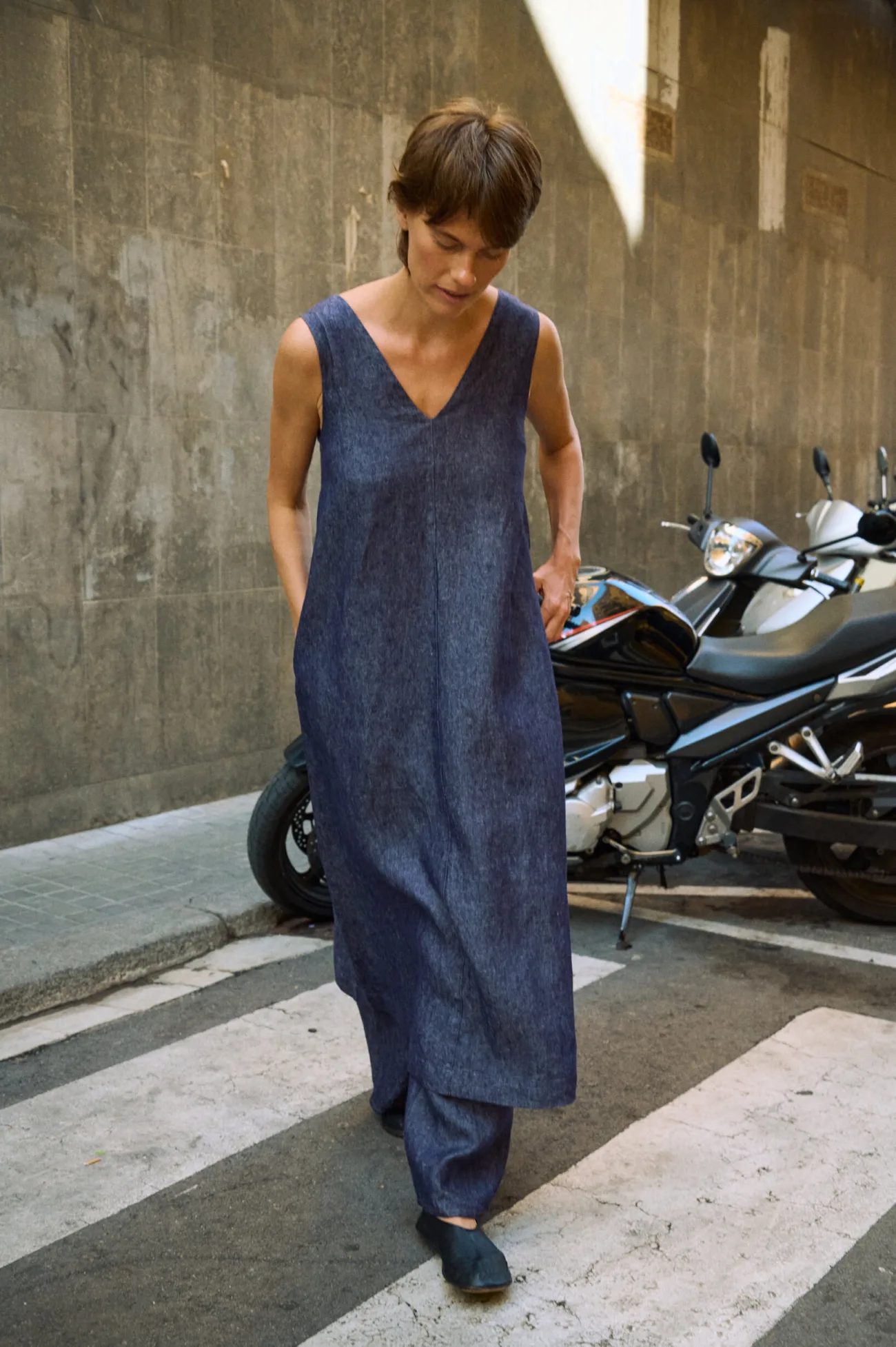 Blue denim linen sleeveless maxi dress with V-neck and relaxed silhouette
