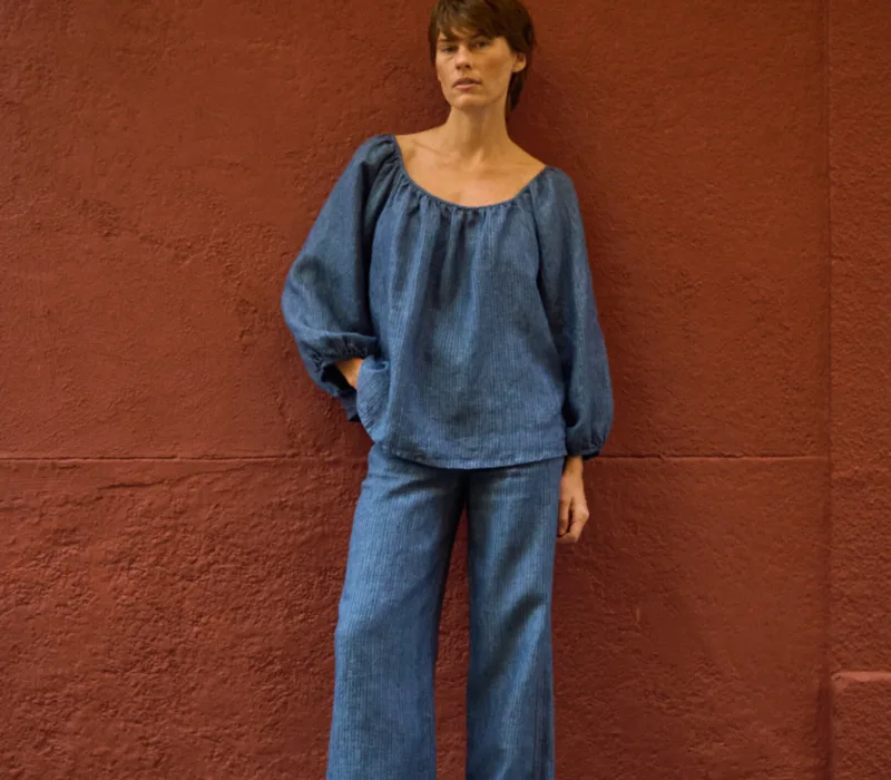 Blue striped linen wide-leg pants styled with a matching relaxed linen blouse